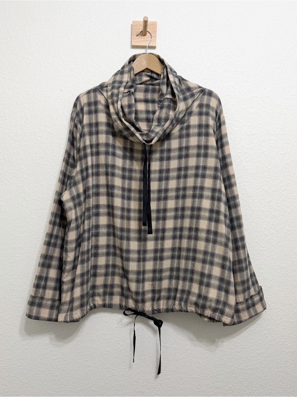 FLAX Plaid Cotton Flannel Oversized Cowl Neck Top Large